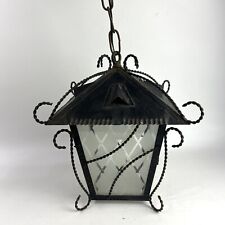 Vintage Wrought Iron Lantern Ceiling Light Fitting Etched Glass
