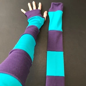 Long Striped Gloves Blue Hand Warmers Purple Armwarmers Patchwork Sleeves Covers - Picture 1 of 6
