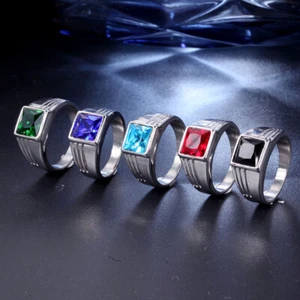8 Color Stone Crystal Band Ring Mens Jewelry Silver Polished Gift Ring Size 7-13 - Picture 1 of 13