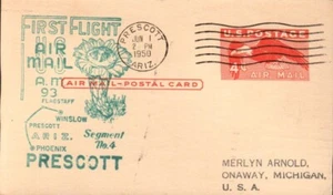 #UXC1 4¢ FIRST FLIGHT AIRMAIL POSTAL CARD CACHET JUN 1 1950 PRESCOTT AZ BX7 - Picture 1 of 1