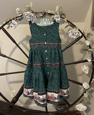 ✅Vintage Handmade Pinafore Christmas Bunnies Dress Trees Rocking Horse Girls 5 - Image 1 of 4
