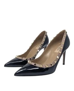 Valentino Rockstud black patent nude blush goldtone studded pump heels US 11.5B - Picture 1 of 7