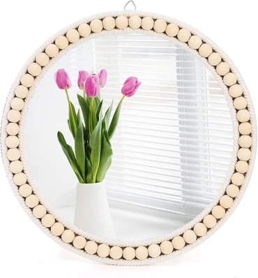 Espejo Boho montado en la pared, espejos colgantes redondos de cuentas de madera de 12 pulgadas, decoración rústica Foto 1 de 4