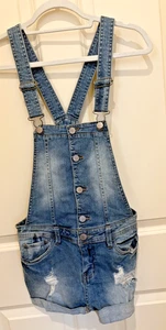 Love Fire overall shorts womens small denim jeans shortalls distressed - Picture 1 of 5