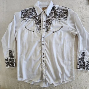 Scully Hemd Herren L weiß silber Blumen bestickt Perlen Druckknopf Western Vintage - Bild 1 von 18