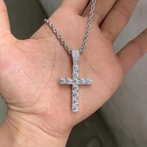 4CT Lab Grown Diamond Cross Pendant Necklace 14K White Gold Over Unisex Gift - Picture 1 of 6