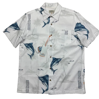 Quicksilver Waterman Men’s Size L White Sword Fish Short Sleeve Button Up Shirt - Image 1 of 4