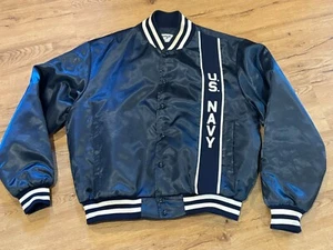 Vintage 80's U.S Navy Embroidered Snap Up Navy Swingster Satin Bomber Jacket XL - Picture 1 of 6