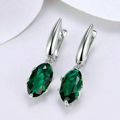 4.20Ct Oval Cut VVS1 Green Emerald Drop/Dangle Earrings 14K White Gold Finish - Image 1 of 4