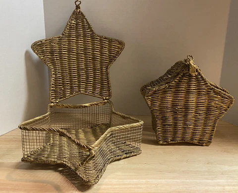 Basket Lidded Box Star Shaped Gold Tone Wicker Woven Metal Wire Holiday Display Cover