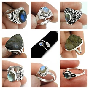 Natural Labradorite Stone Solid 925 Silver Chunky Trendy Rings Size 9 Women Gift - Picture 1 of 14