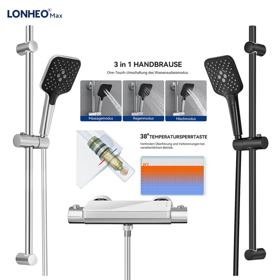 Duschstange Duschgarnitur Duscharmatur Thermostat Mit Handbrause Duschset DE - Bild 1 von 1