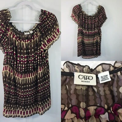 Cato Woman 18W / 20W Cottage Core Sheer Top Brown Polka Dot Empire Texturr - Image 1 of 4