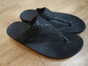 FITFLOP ladies black glitter strap sandals flip flops UK 8 EU 42 EXCELLENT