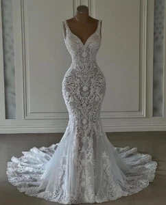 Modern Mermaid Beach Wedding Dresses V-neck Lace Applique Chapel Train BrideGown - Picture 1 of 6