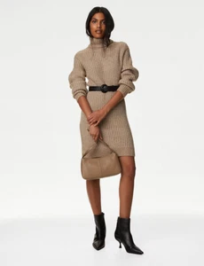 M&S Ribbed Roll Neck Mini Jumper Dress - LARGE - Cappuccino- BNWT - Picture 1 of 2