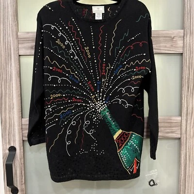 Y2K 2000 Susan Bristol 刺绣除夕派对开衫毛衣 罕见 L — 第 1/4 张图片