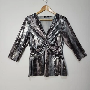 Laura K Top Womens 12 Silver Purple knot front Long Sleeve Shirt Blouse - Picture 1 of 9