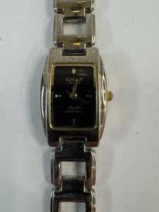 Vintage Qmax Ladies Watch JYL533 Silver Tone Band & Case Gold Accent Black Dial - Picture 1 of 4