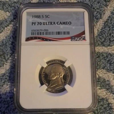 1988-S Jefferson Nickel NGC PF 70 ULTRA CAMEO 5c - Top Pop - NGC Value $350 - Image 1 of 2