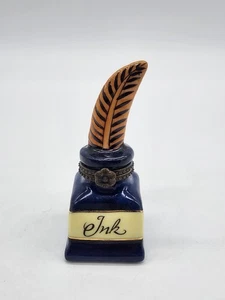 Caja de tinta o baratija Madame De Pompadour cerámica con bisagras para tintero 3" - Imagen 1 de 11