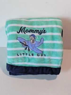 Carter's Baby Blanket Mommy's Little Man Airplane Green Stripe Blue Fleece  - Image 1 of 4