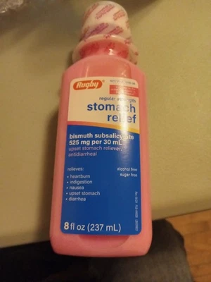 Alivio del malestar estomacal de rugby antidiarreico 525 mg, subsalicilato de bismuto 8 oz. Foto 1 de 2