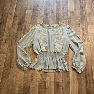 Boho Peasant Peplum Embroidered Top Soft Light Blue Green 100% Rayon - Picture 1 of 6