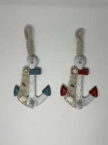 2 Wood Anchor Wall Hooks Red Blue Coat Towel Holder Nautical Marine Beach Décor - Picture 1 of 8