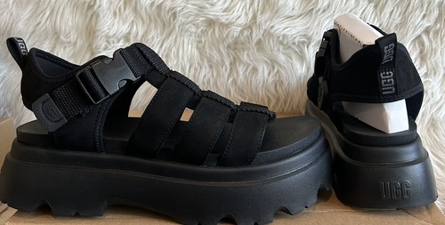 UGG SANDALI PLATEAU CON CINTURINO ALLA CAVIGLIA CORA IN PELLE NERA DONNA US 10