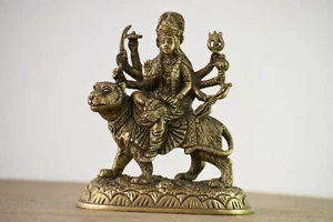 5.5 Inches Goddess Durga Idol Sitting On Lion Hand Carved Brass Sculpture Idol - Picture 1 of 5