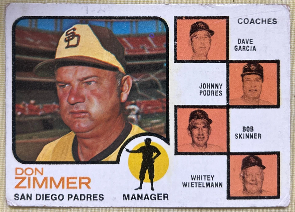Tarjeta de béisbol 1973 Topps Don Zimmer Manager #12 Padres bajo grado O/C y escritura Foto 1 de 2