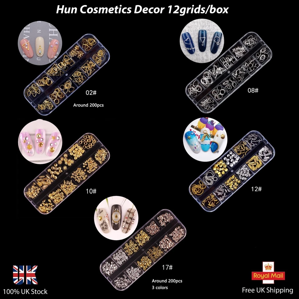 HUN COSMETICS Nail 12Grids/Box Decoration Gold Silver Rosegold 3D Alloy Metal Set
