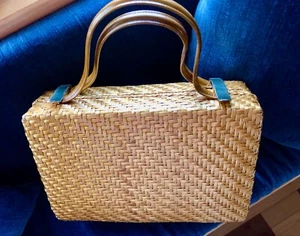 Vintage Rodo Italy Wicker Handbag Rectangular Gold Tones Hardware Wicker Body in - Picture 1 of 7