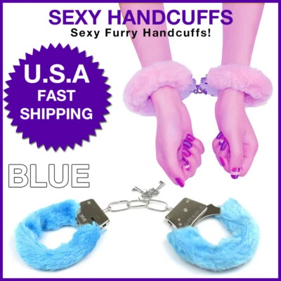 Adult Handcuffs  Furry Fuzzy Sexy Slave Hand Ring Ankle Cuffs Tied-up Toys BLUE - Image 1 of 3