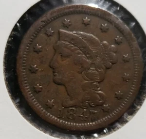 1847 "BRAIDED HAIR" LARGE CENT, CHOICE VF, TOUGH TYPE COIN, ORIGINAL CLASSIC! - Bild 1 von 2