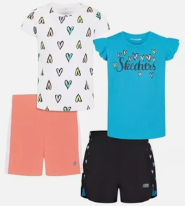 Skechers Toddler Girls 4 Piece Tees & Shorts, Size 2T, Blue/Black/White/Pink - Picture 1 of 4