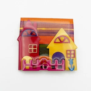 Vintage House Pin By Lucinda Sunset Two Houses Pink Fence - Picture 1 of 2