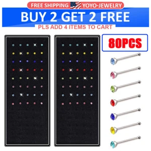 200pcs Surgical Steel Nose Studs Rings Multicolor Crystal Straight Bone Stud 20G - Picture 1 of 9