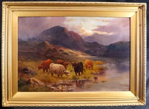 19thC HIGHLAND CATTLE at SUNSET CHARLES W OSWALD 1850-1920 ANTIQUE OIL PAINTING - Picture 1 of 14