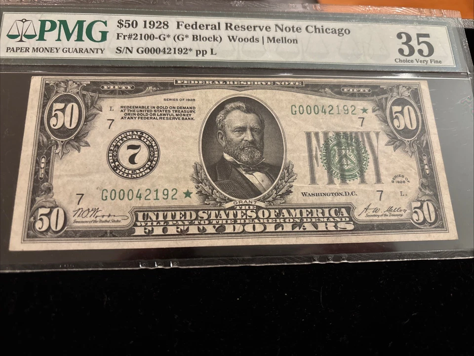 1928 $50 Star ⭐️ FRN Chicago (G*Block) STAR Fr. 2100-G* PMG 35 Tate/Mellon 7 - Image 1 of 4