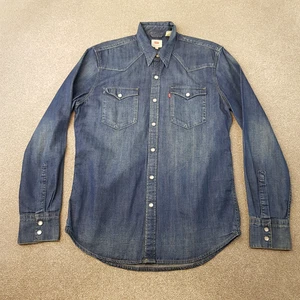Levis Mens Shirt Medium Blue Denim Cowboy Western Pearl Snap Red Tab Rodeo - Picture 1 of 8