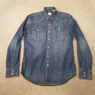 Levis Mens Shirt Medium Blue Denim Cowboy Western Pearl Snap Red Tab Rodeo - Image 1 of 4