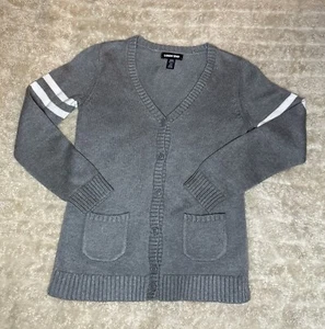 Lands’ End academia grey V-neck varsity-style cardigan sweater Size 10-12/Medium - Picture 1 of 5