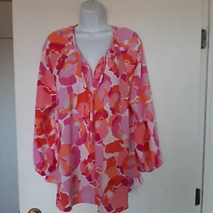 Adyson Parker Pink Floral V-Neck Tunic Top 1X Tie V-Neck Elastic Sleeves - Picture 1 of 5