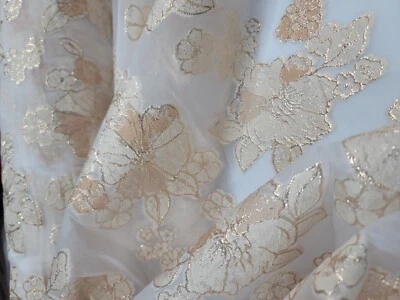 Fabric by The Yard Champagne Gold Brocade Floral Textured White Organza Bridal - Image 1 of 4