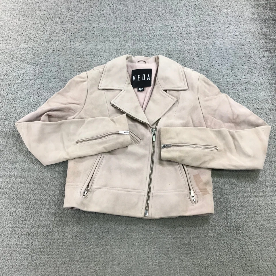 Chaqueta de Cuero Veda Para Mujer P Clásica Cuero Moto Chaqueta Rosa Cabra Gamuza PEQUEÑA Foto 1 de 4