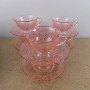6 Fostoria Pink Versailles Etched Cups & Saucers Elegant Depression Glass - Picture 1 of 7