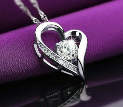 Edel 925 Sterling Silber Herzkette Herz Anhänger Zirkonia Kristall Collier Damen - Bild 1 von 4