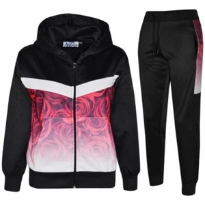 Kids Boys Girls Tracksuits Roses Fade Two Tone Black Hooded Top Bottom Jog Suits - Picture 1 of 9